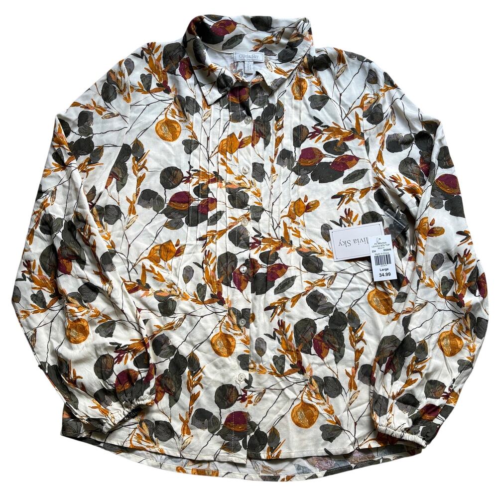 NWT‎ Olivia Sky Winter Leaves Button Down Blouse Top Pintuck Size Large Rayon